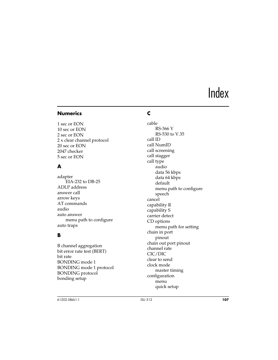 Index | ADTRAN ISU 512 User Manual | Page 123 / 129