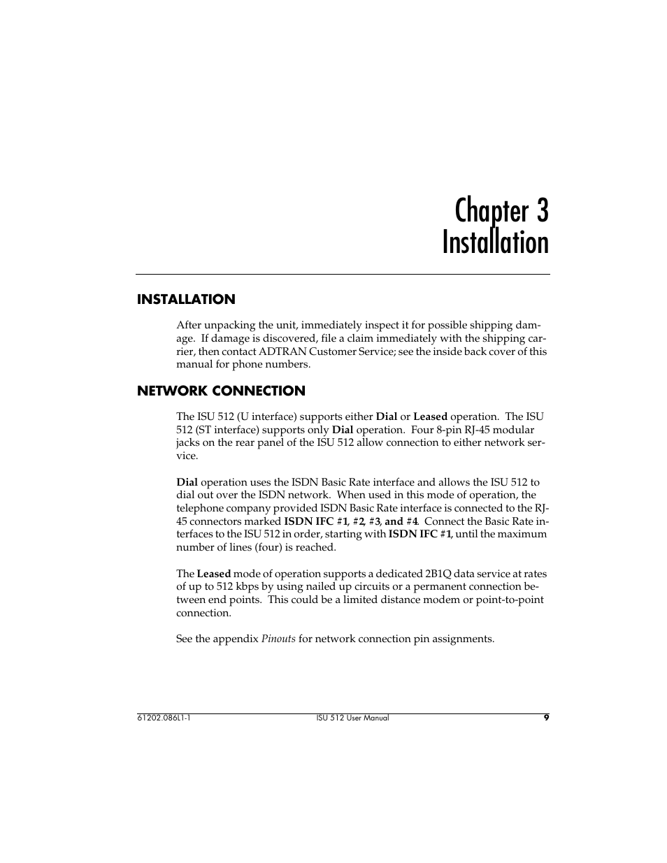 Chapter 3 installation | ADTRAN ISU 512 User Manual | Page 25 / 129