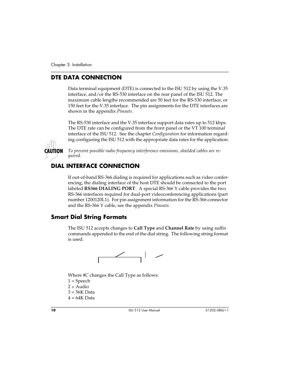 Dte data connection, Dial interface connection, Smart dial string formats | ADTRAN ISU 512 User Manual | Page 26 / 129