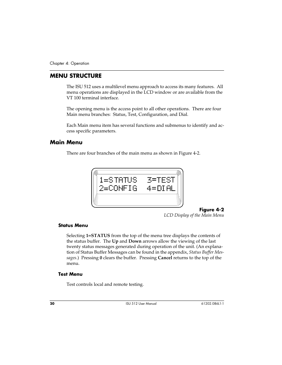 Menu structure, Main menu | ADTRAN ISU 512 User Manual | Page 36 / 129