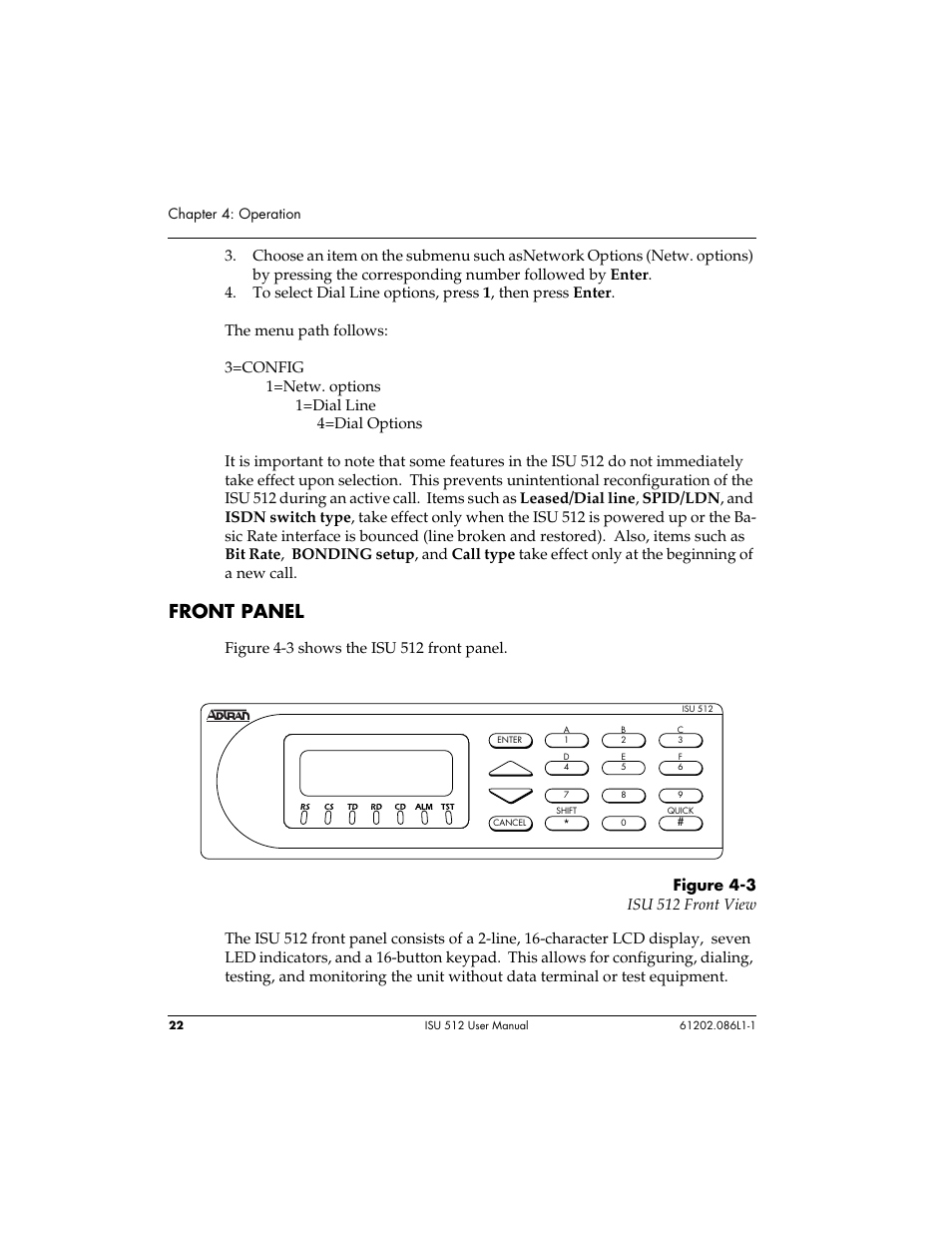 Front panel | ADTRAN ISU 512 User Manual | Page 38 / 129
