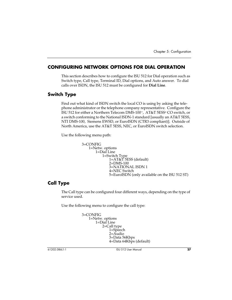 Configuring network options for dial operation, Switch type, Call type | ADTRAN ISU 512 User Manual | Page 43 / 129