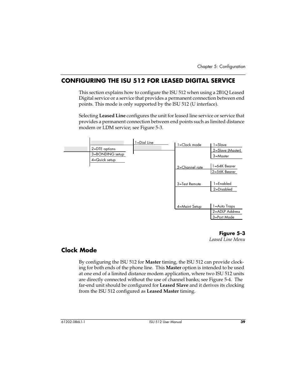 Configuring the isu 512 for leased digital service, Clock mode | ADTRAN ISU 512 User Manual | Page 55 / 129