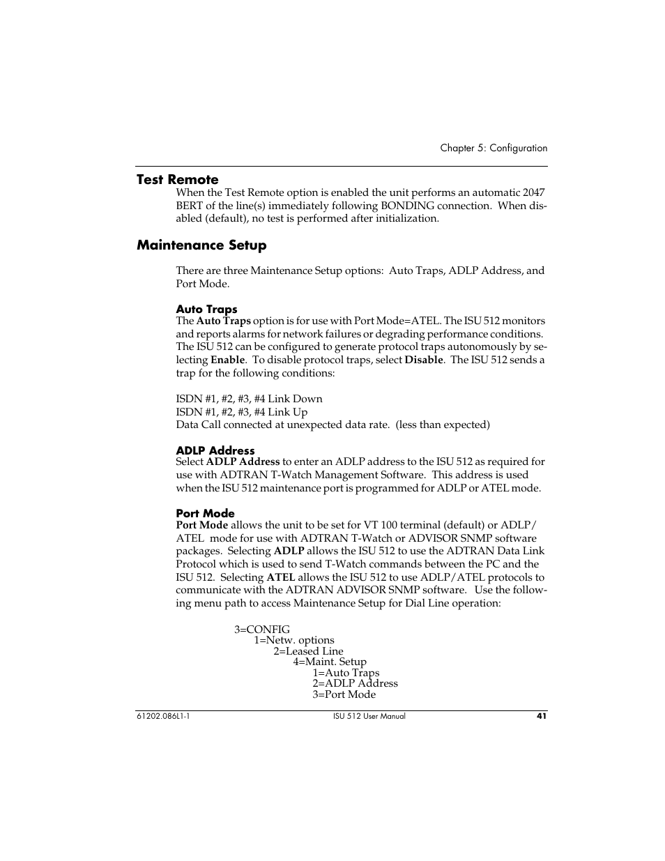 Test remote, Maintenance setup | ADTRAN ISU 512 User Manual | Page 57 / 129