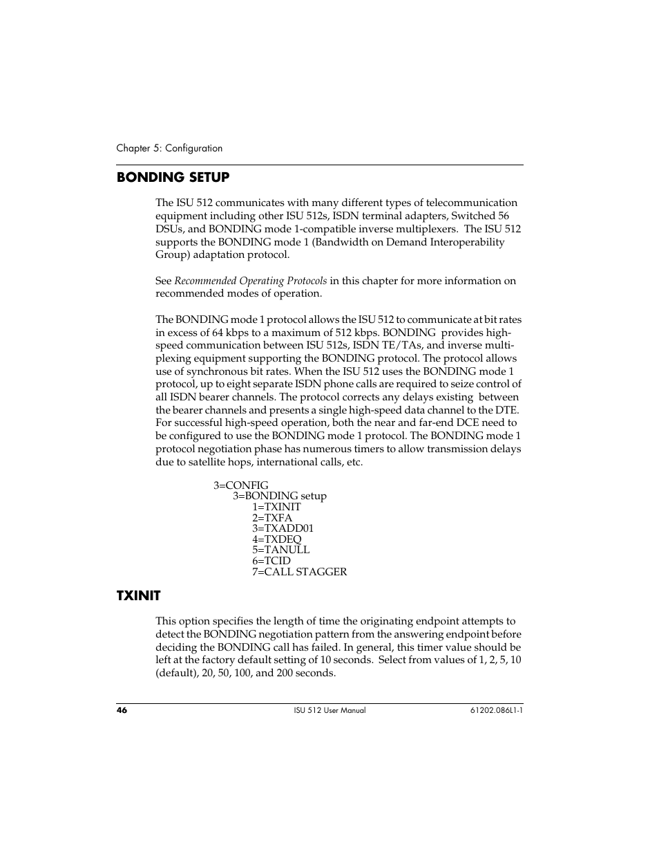 Bonding setup, Txinit | ADTRAN ISU 512 User Manual | Page 62 / 129