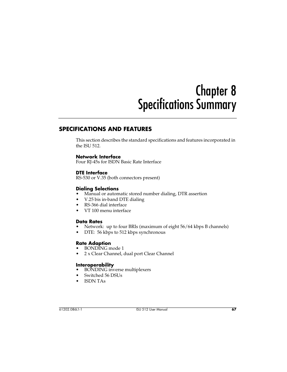 Chapter 8 specifications summary | ADTRAN ISU 512 User Manual | Page 83 / 129