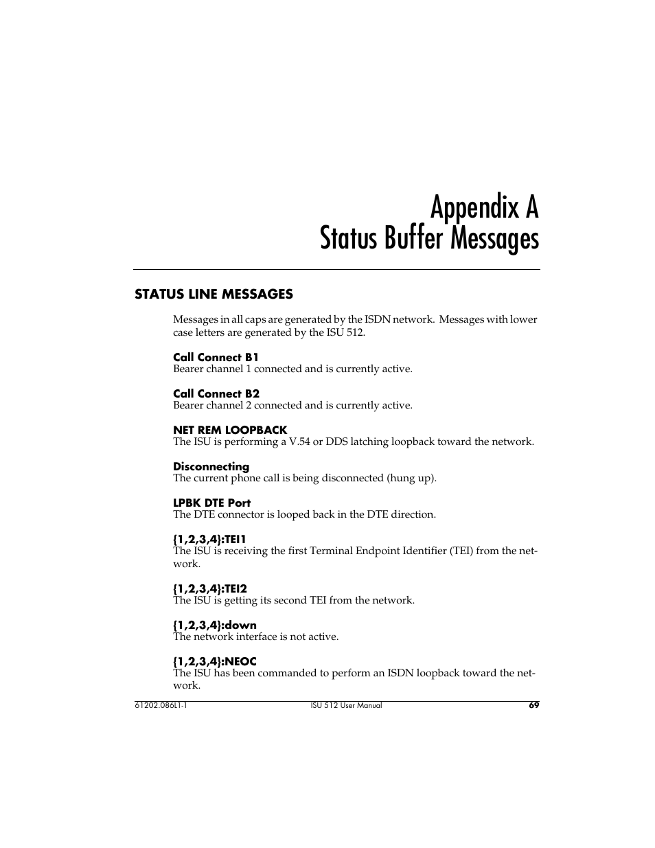 Appendix a status buffer messages | ADTRAN ISU 512 User Manual | Page 85 / 129