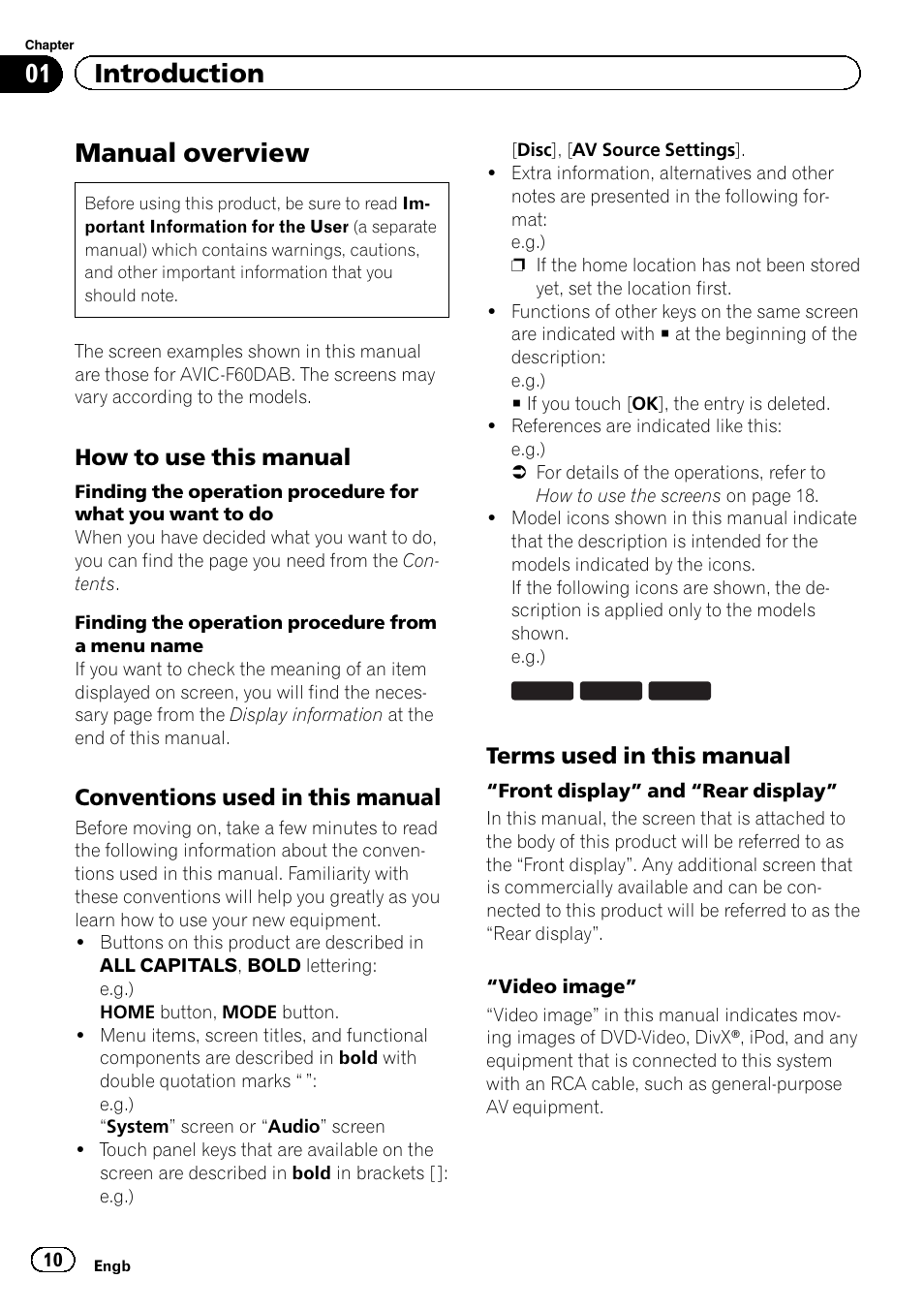 Introduction manual overview, How to use this manual 10, Conventions used in this manual 10 | Terms used in this manual 10, Manual overview, 01 introduction, How to use this manual, Conventions used in this manual, Terms used in this manual | Pioneer AVIC-F860BT User Manual | Page 10 / 216