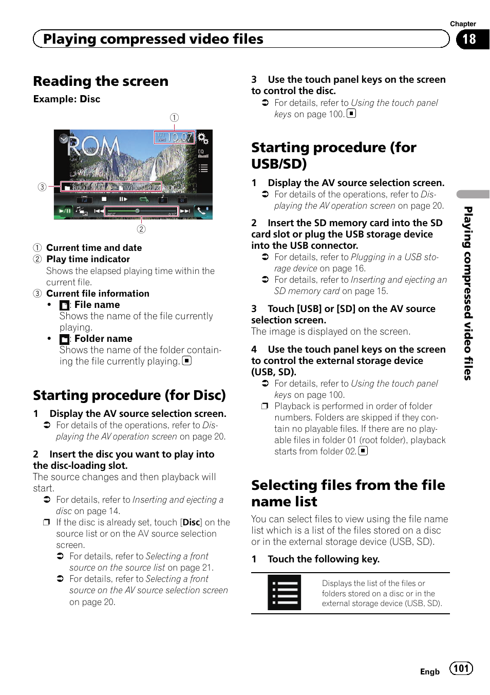 Reading the screen, Starting procedure (for disc), Starting procedure (for usb/sd) | Selecting files from the file name list, Selecting files from, Playing compressed video files | Pioneer AVIC-F860BT User Manual | Page 101 / 216