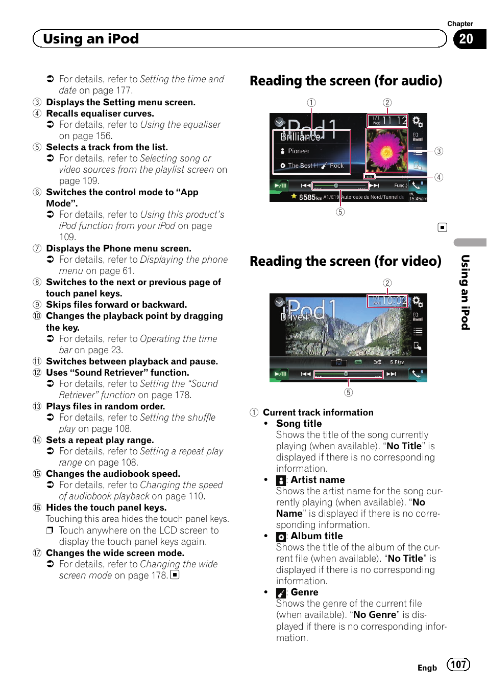 Reading the screen (for audio), Reading the screen (for video), Using an ipod | Pioneer AVIC-F860BT User Manual | Page 107 / 216