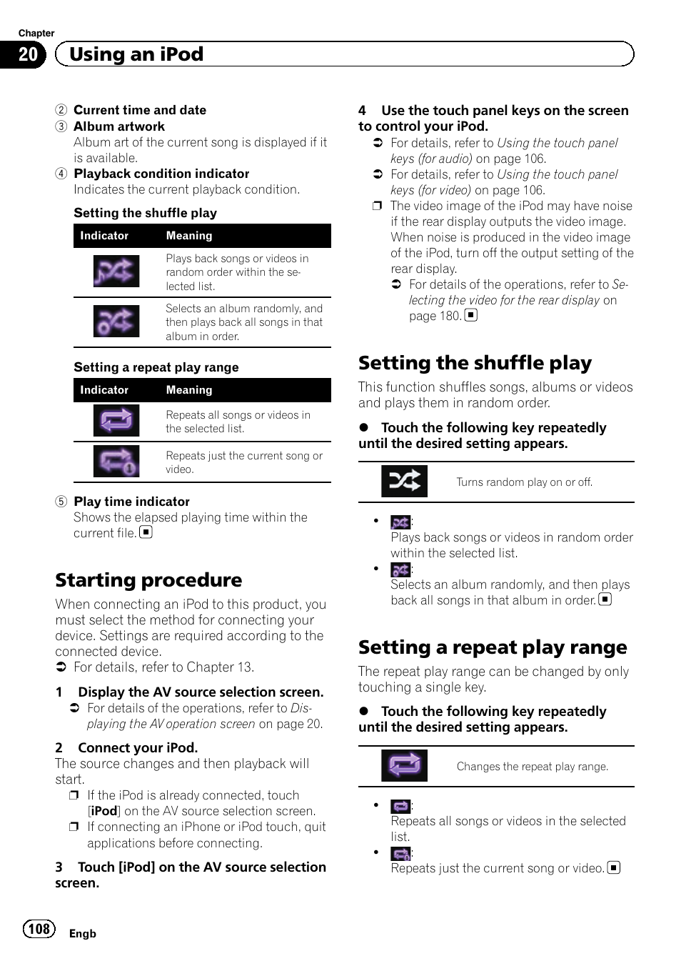 Starting procedure, Setting the shuffle play, Setting a repeat play range | Setting the shuffle, Setting a repeat play, 20 using an ipod | Pioneer AVIC-F860BT User Manual | Page 108 / 216