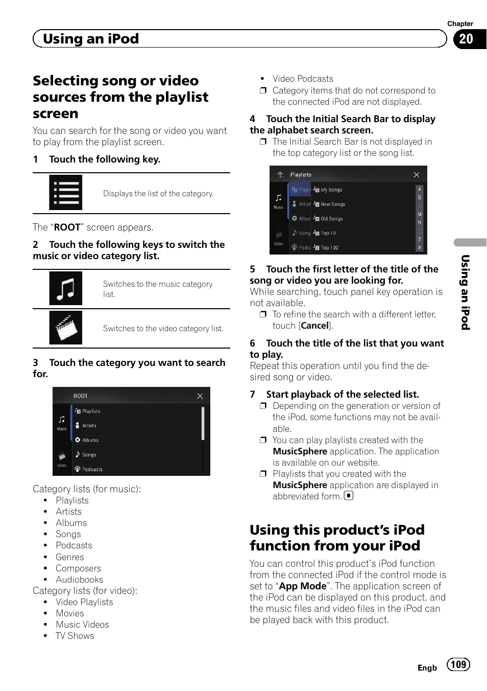Selecting song or video sources from the, Playlist screen, Using this product | S ipod function from your, Ipod, Selecting song or, Using this product’s, Using this product ’s ipod function from your ipod, Using an ipod | Pioneer AVIC-F860BT User Manual | Page 109 / 216