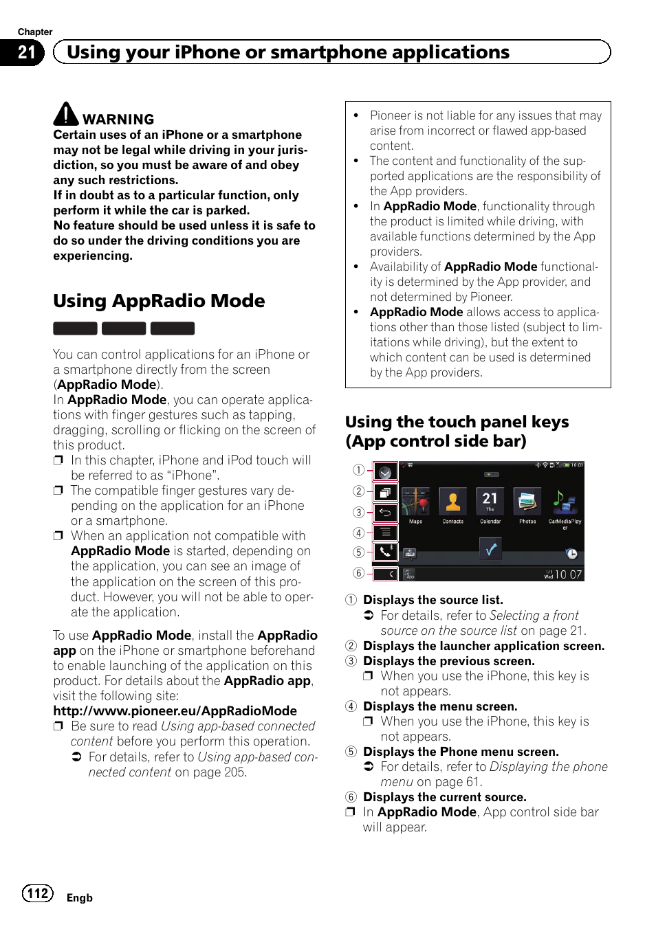 Using the touch panel keys (app, Control side bar), Using appradio mode | 21 using your iphone or smartphone applications, Using the touch panel keys (app control side bar) | Pioneer AVIC-F860BT User Manual | Page 112 / 216