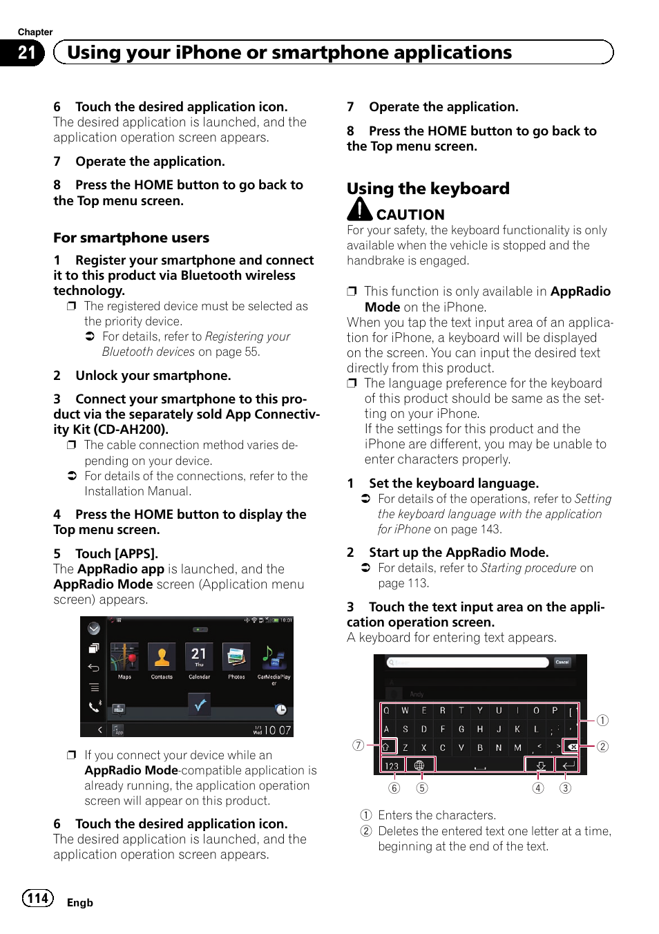 Using the keyboard 114, 21 using your iphone or smartphone applications, Using the keyboard | Pioneer AVIC-F860BT User Manual | Page 114 / 216