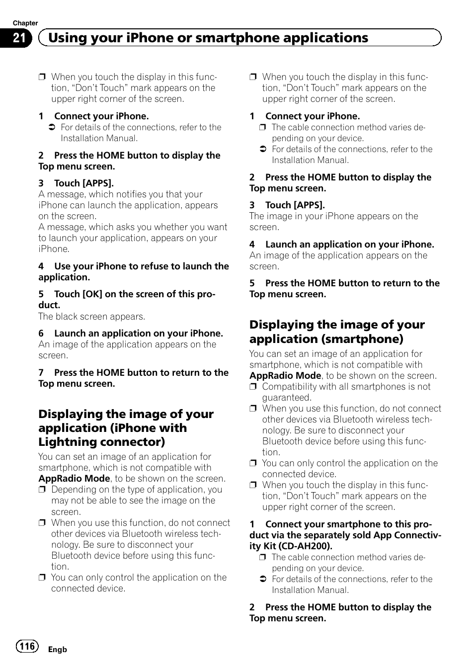 Displaying the image of your, Application (iphone with lightning connector), Application (smartphone) | 21 using your iphone or smartphone applications | Pioneer AVIC-F860BT User Manual | Page 116 / 216