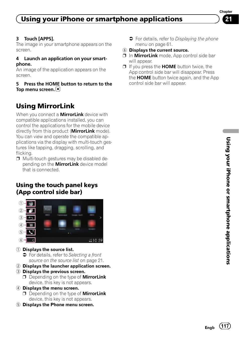 Using mirrorlink, Using the touch panel keys (app, Control side bar) | Using your iphone or smartphone applications, Using the touch panel keys (app control side bar) | Pioneer AVIC-F860BT User Manual | Page 117 / 216