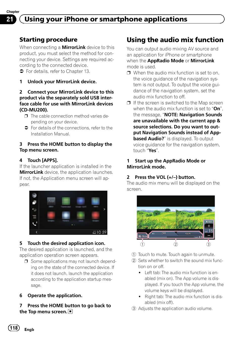 Starting procedure 118, Using the audio mix function, 21 using your iphone or smartphone applications | Starting procedure | Pioneer AVIC-F860BT User Manual | Page 118 / 216