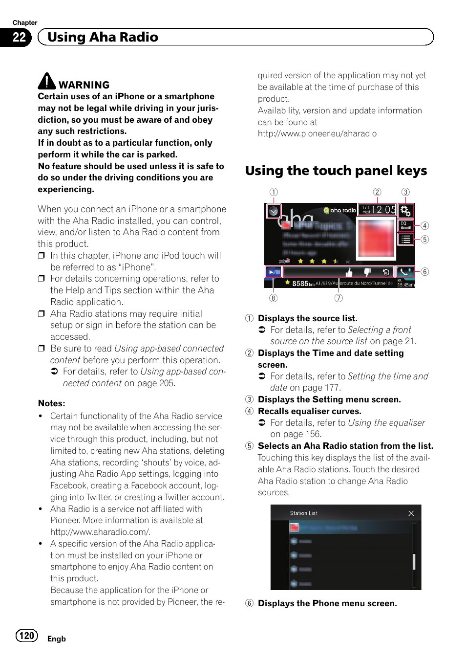 Using aha radio using the touch panel keys, Using the touch panel keys, 22 using aha radio | Pioneer AVIC-F860BT User Manual | Page 120 / 216