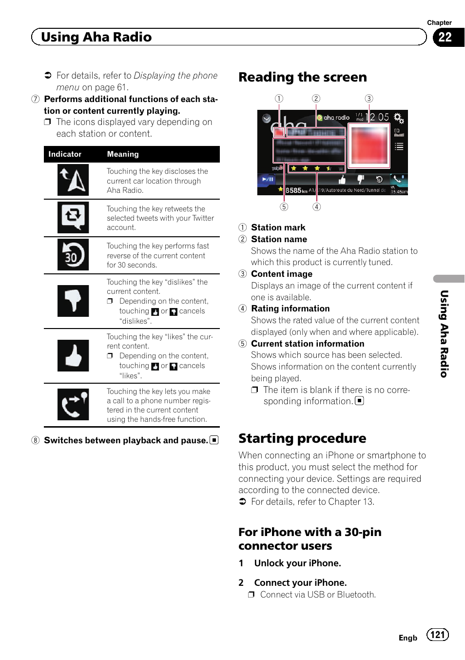 Reading the screen, Starting procedure, For iphone with a 30-pin connector | Users, Using aha radio, For iphone with a 30-pin connector users | Pioneer AVIC-F860BT User Manual | Page 121 / 216