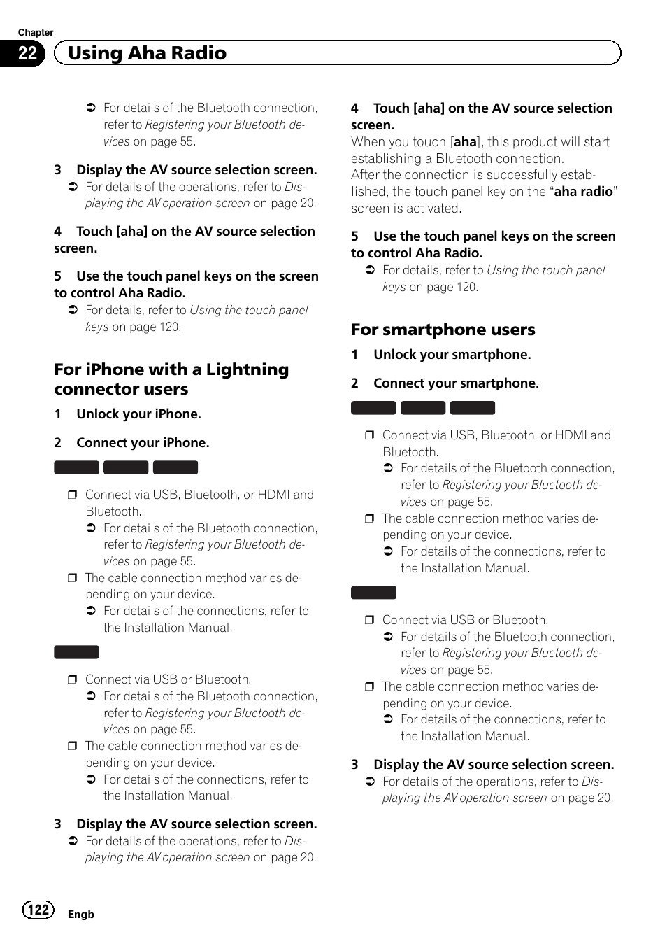 For iphone with a lightning connector, Users, For smartphone users 122 | 22 using aha radio, For iphone with a lightning connector users, For smartphone users | Pioneer AVIC-F860BT User Manual | Page 122 / 216