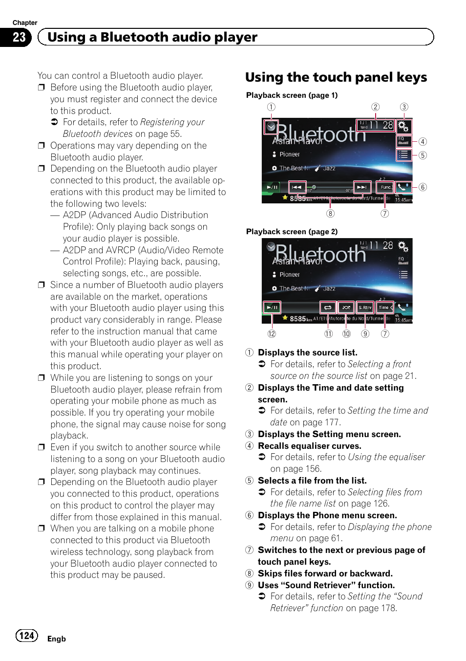 Using the touch panel keys, 23 using a bluetooth audio player | Pioneer AVIC-F860BT User Manual | Page 124 / 216