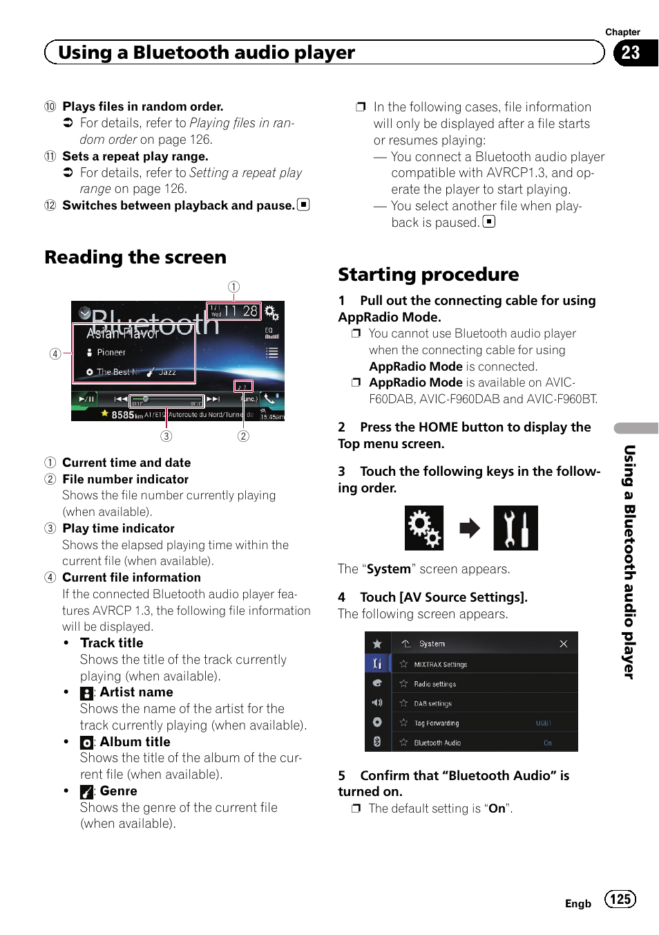 Reading the screen, Starting procedure, Using a bluetooth audio player | Pioneer AVIC-F860BT User Manual | Page 125 / 216