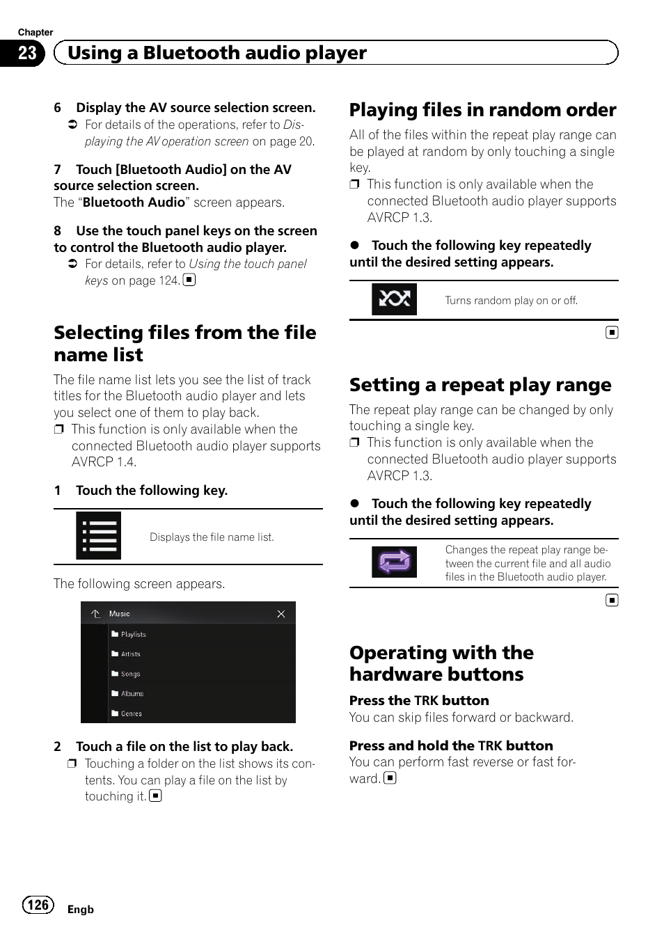 Selecting files from the file name list, Playing files in random order, Setting a repeat play range | Operating with the hardware buttons, Selecting files from, Playing files in ran, Setting a repeat play, 23 using a bluetooth audio player | Pioneer AVIC-F860BT User Manual | Page 126 / 216
