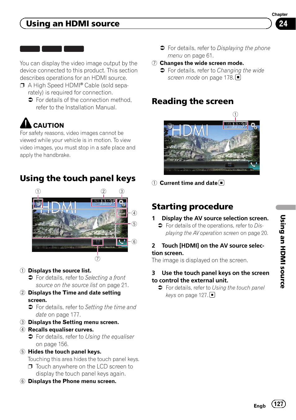 Using an hdmi source using the touch panel keys, Reading the screen, Starting procedure | Using the touch panel keys, Using an hdmi source | Pioneer AVIC-F860BT User Manual | Page 127 / 216