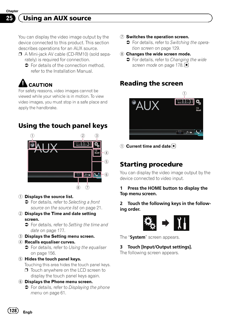 Using an aux source using the touch panel keys, Reading the screen, Starting procedure | Using the touch panel keys, 25 using an aux source | Pioneer AVIC-F860BT User Manual | Page 128 / 216