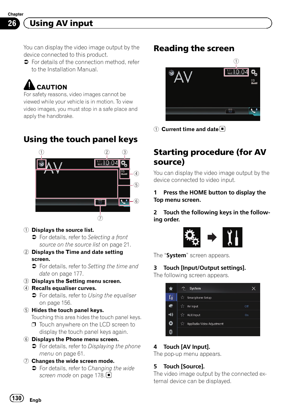 Using av input using the touch panel keys, Reading the screen, Starting procedure (for av source) | Using the touch panel keys, 26 using av input | Pioneer AVIC-F860BT User Manual | Page 130 / 216