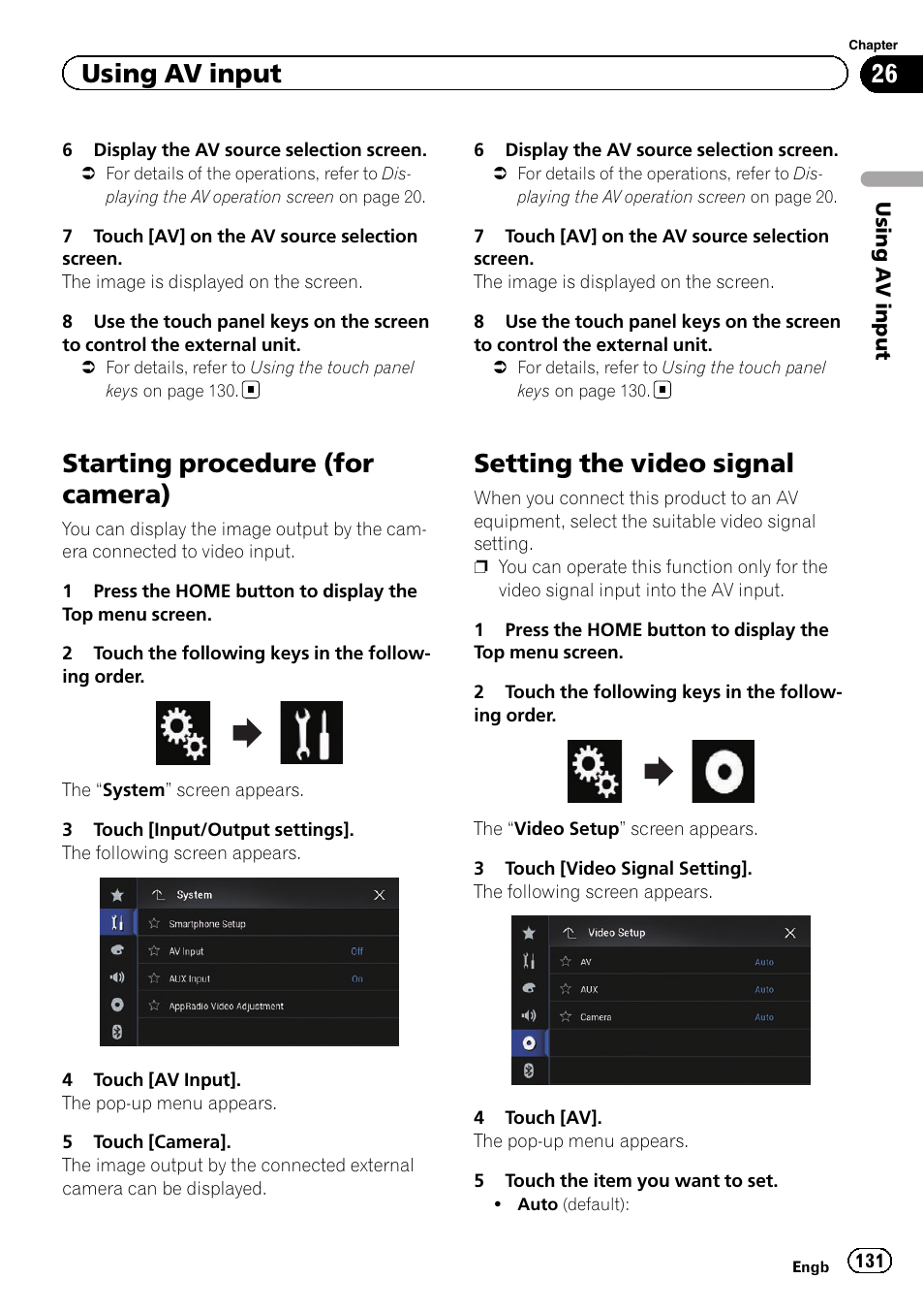 Starting procedure (for camera), Setting the video signal, Using av input | Pioneer AVIC-F860BT User Manual | Page 131 / 216