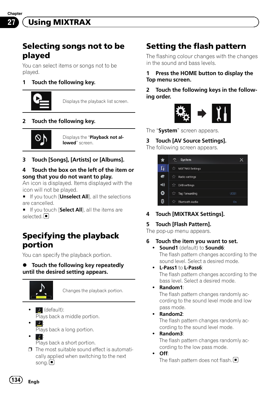 Selecting songs not to be played, Specifying the playback portion, Setting the flash pattern | 27 using mixtrax | Pioneer AVIC-F860BT User Manual | Page 134 / 216