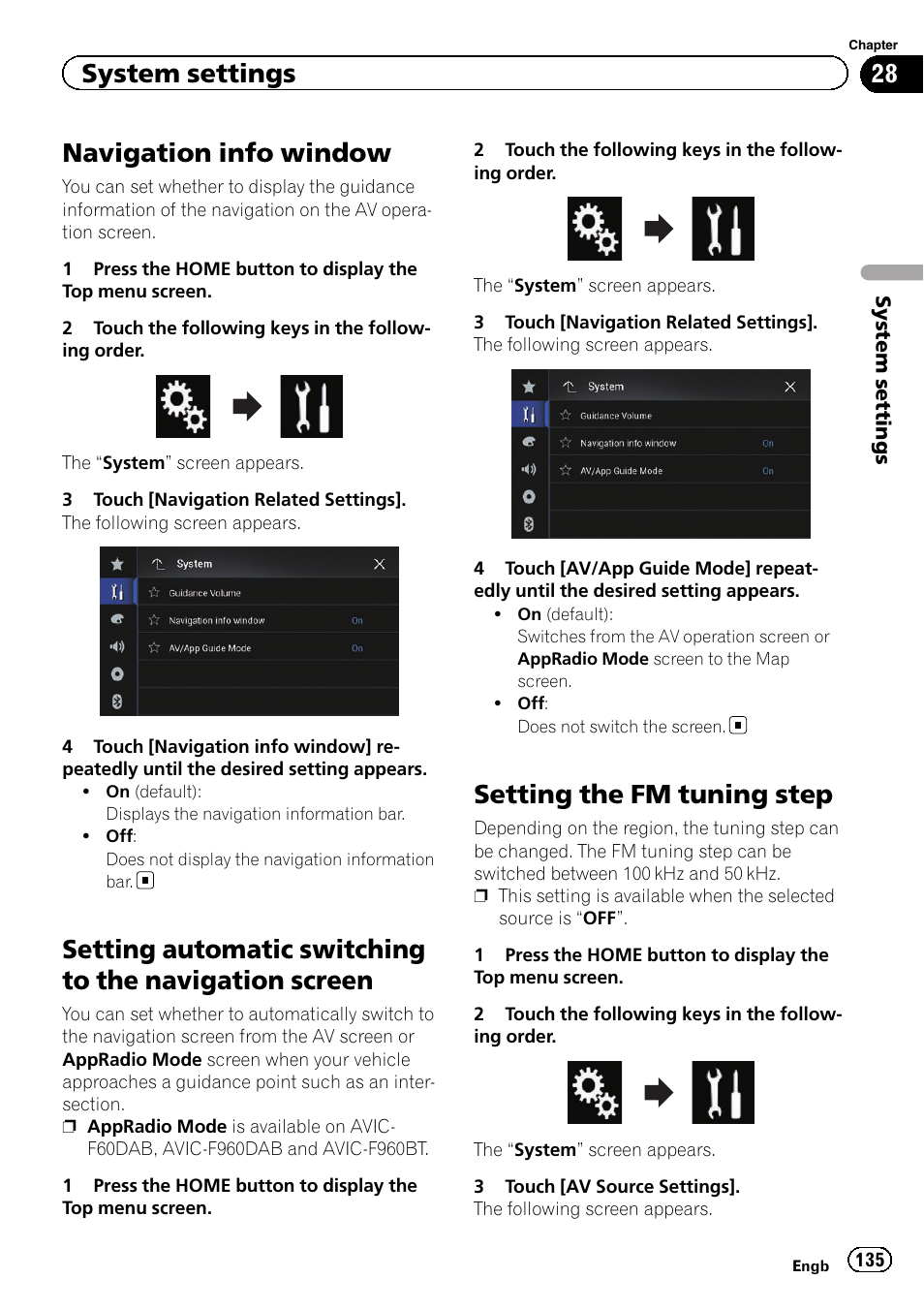 System settings navigation info window, Setting automatic switching to the navigation, Screen | Setting the fm tuning step, Navigation info win, Navigation info window, System settings | Pioneer AVIC-F860BT User Manual | Page 135 / 216