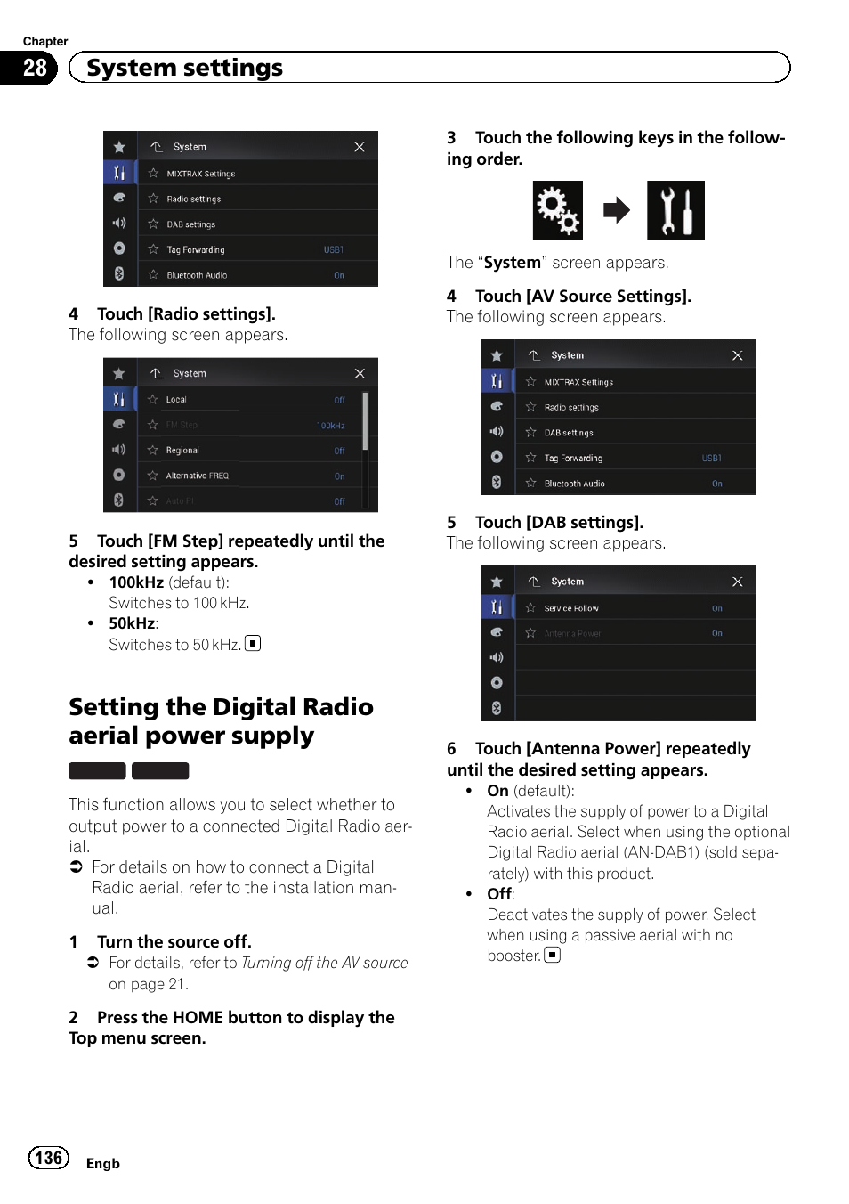 Setting the digital radio aerial power, Supply, Setting the digital radio aerial power supply | 28 system settings | Pioneer AVIC-F860BT User Manual | Page 136 / 216