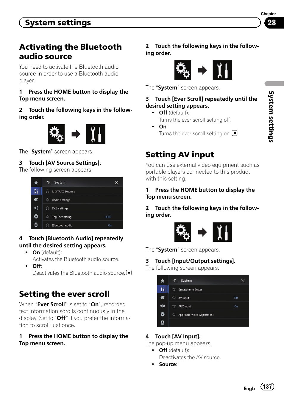 Activating the bluetooth audio source, Setting the ever scroll, Setting av input | System settings | Pioneer AVIC-F860BT User Manual | Page 137 / 216