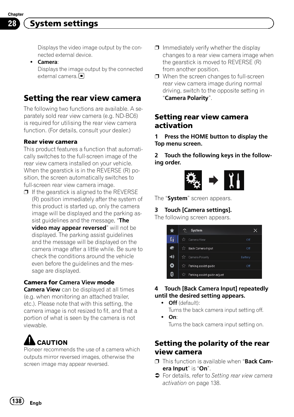 Setting the rear view camera, Setting rear view camera, Activation | Setting the polarity of the rear view, Camera, 28 system settings, Setting rear view camera activation, Setting the polarity of the rear view camera | Pioneer AVIC-F860BT User Manual | Page 138 / 216