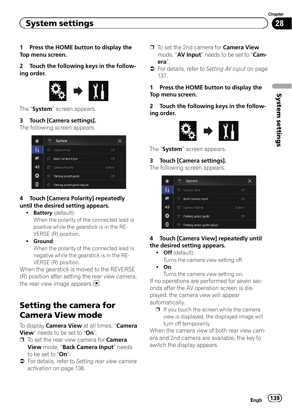 Setting the camera for camera view, Mode, Setting the camera for camera view mode | System settings | Pioneer AVIC-F860BT User Manual | Page 139 / 216