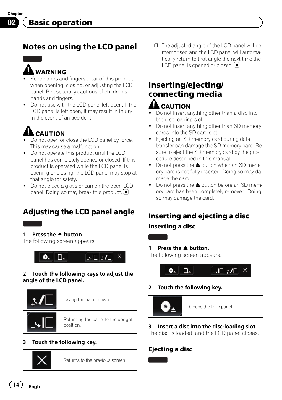 Notes on using the lcd panel, Adjusting the lcd panel angle, Inserting/ejecting/connecting media | Inserting and ejecting a disc 14, Inserting and ejecting, Inserting/ejecting/ connecting media, 02 basic operation, Inserting and ejecting a disc | Pioneer AVIC-F860BT User Manual | Page 14 / 216
