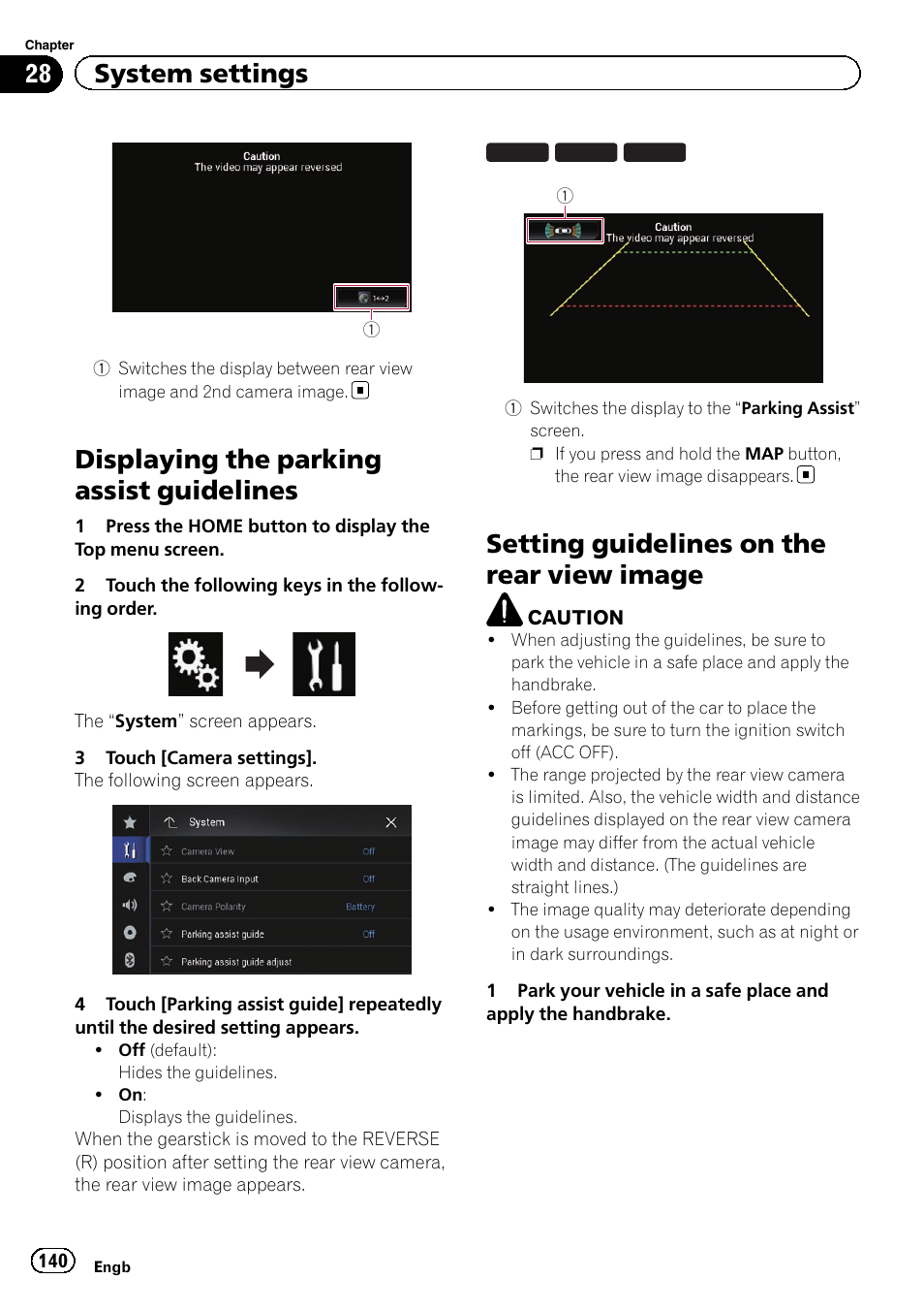 Displaying the parking assist, Guidelines, Setting guidelines on the rear view | Image, Displaying the parking assist guidelines, Setting guidelines on the rear view image, 28 system settings | Pioneer AVIC-F860BT User Manual | Page 140 / 216