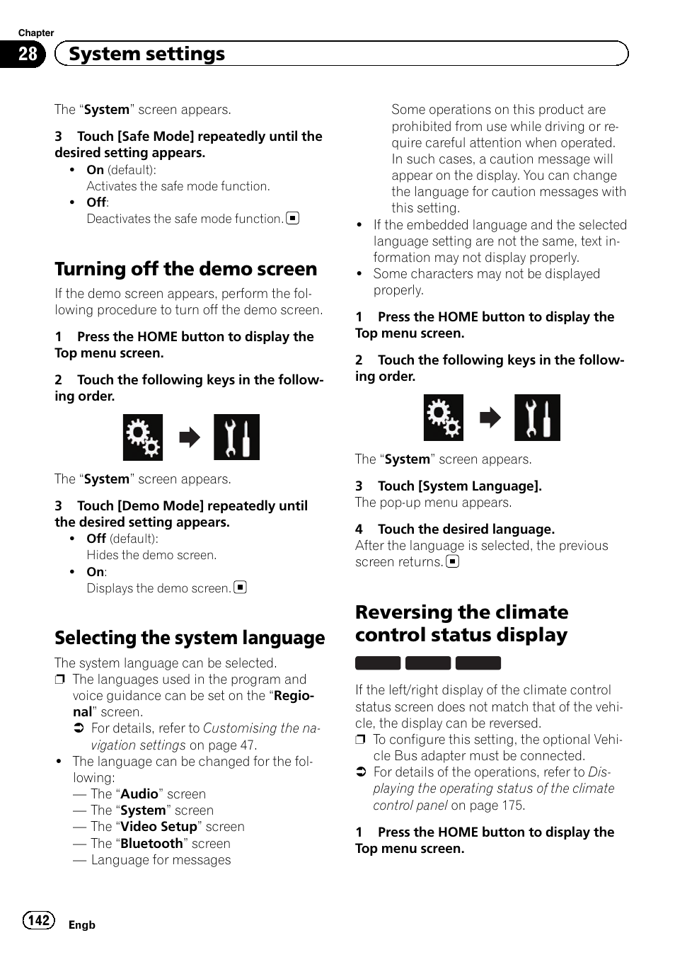 Turning off the demo screen, Selecting the system language, Reversing the climate control status | Display, Reversing the climate control status display, 28 system settings | Pioneer AVIC-F860BT User Manual | Page 142 / 216