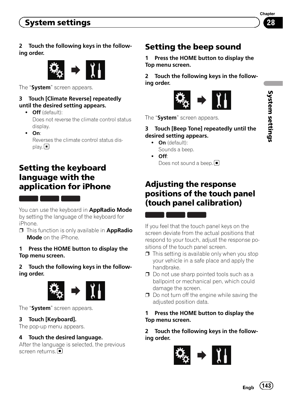 Setting the keyboard language with the, Application for iphone, Setting the beep sound | Adjusting the response positions of the, Touch panel (touch panel calibration), Setting, System settings | Pioneer AVIC-F860BT User Manual | Page 143 / 216