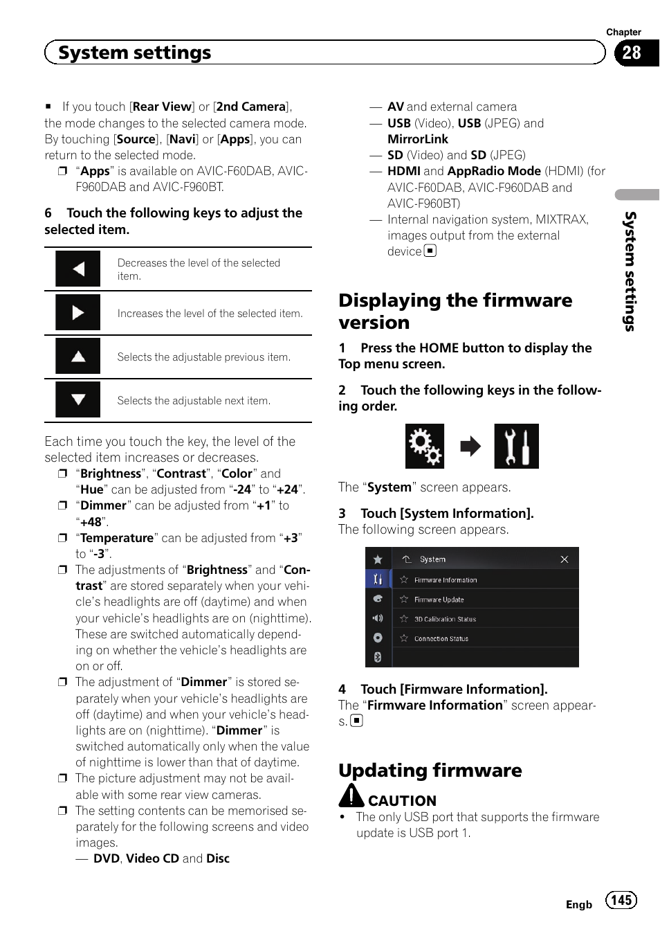 Displaying the firmware version, Updating firmware, System settings | Pioneer AVIC-F860BT User Manual | Page 145 / 216