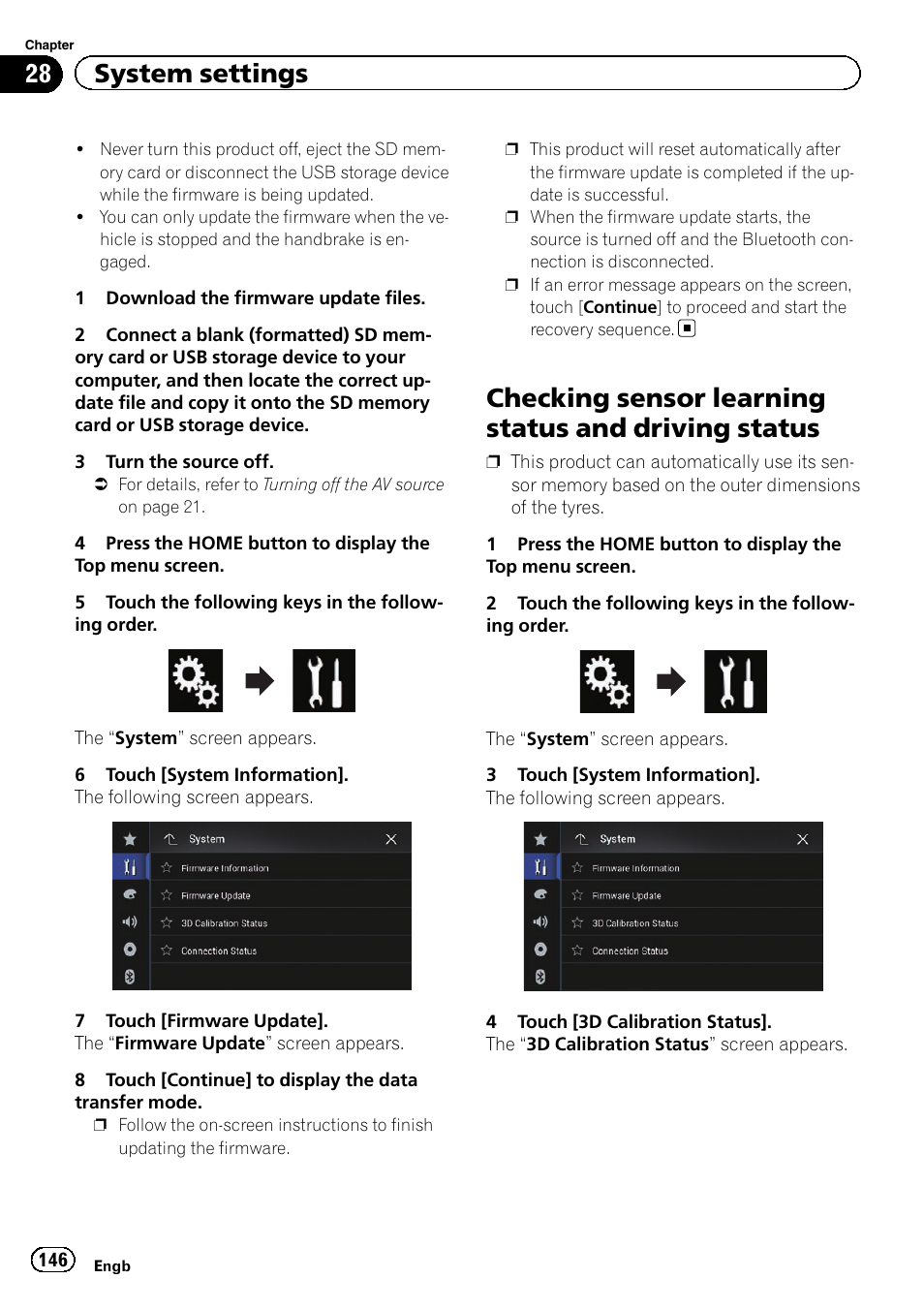 Checking sensor learning status and driving, Status, Checking sensor learning status and driving status | 28 system settings | Pioneer AVIC-F860BT User Manual | Page 146 / 216