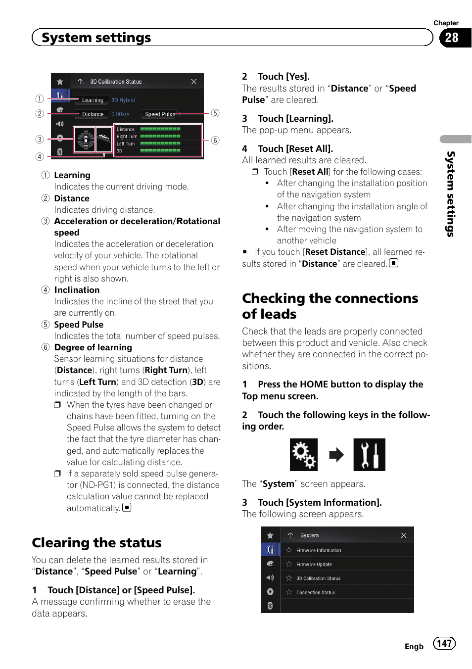 Clearing the status, Checking the connections of leads, System settings | Pioneer AVIC-F860BT User Manual | Page 147 / 216