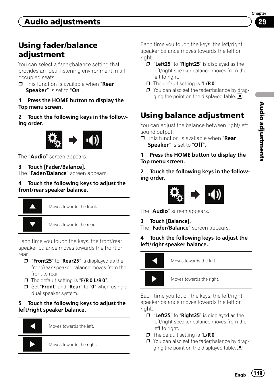 Audio adjustments using fader/balance adjustment, Using balance adjustment, Using fader/balance adjustment | Audio adjustments | Pioneer AVIC-F860BT User Manual | Page 149 / 216