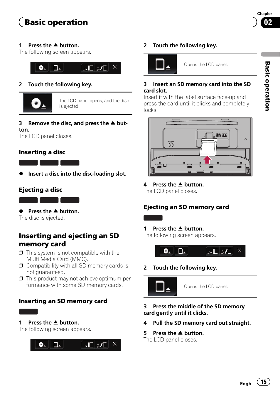 Inserting and ejecting an sd memory, Card, Inserting and ejecting | Basic operation | Pioneer AVIC-F860BT User Manual | Page 15 / 216