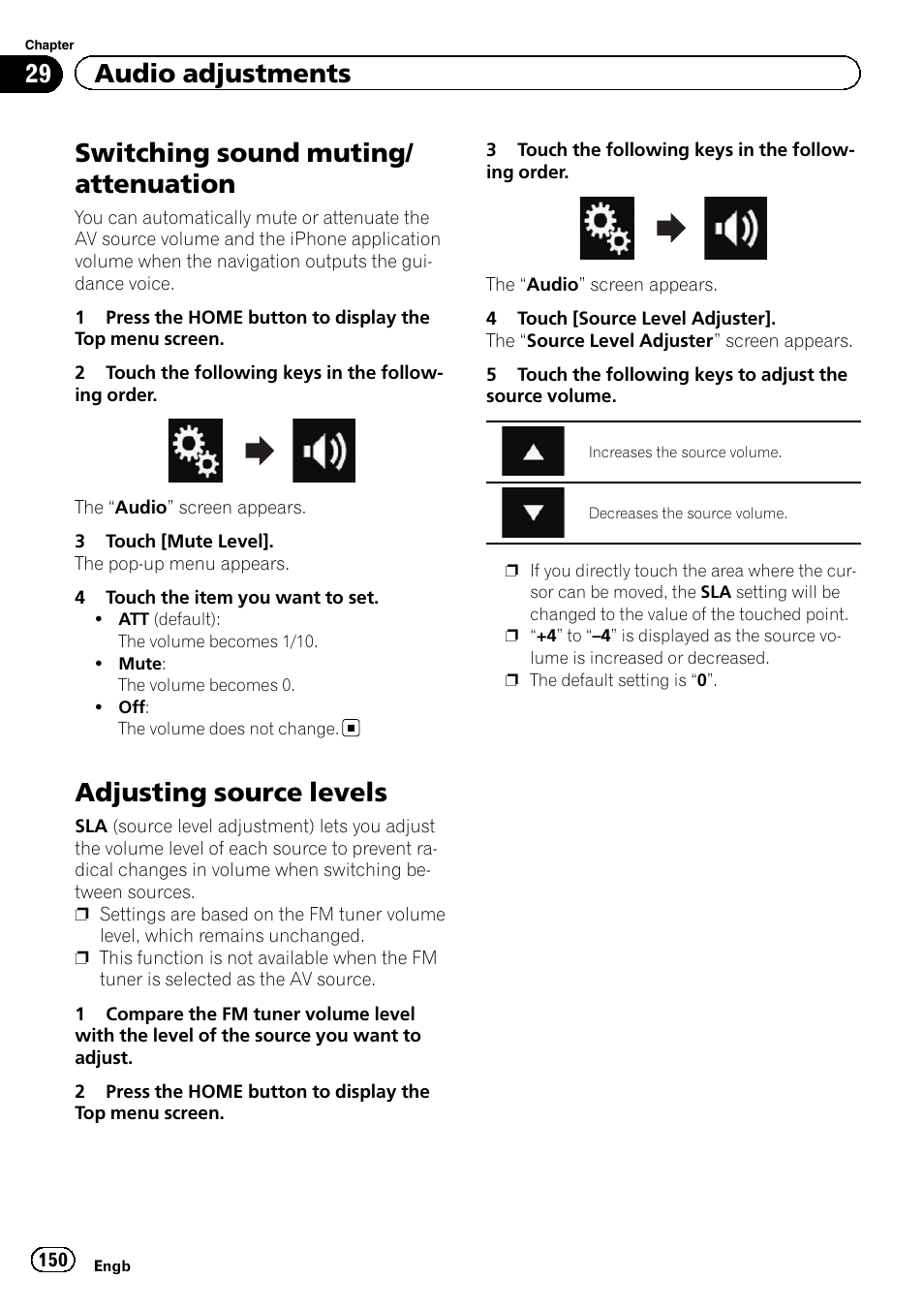 Switching sound muting/attenuation, Adjusting source levels, Switching sound muting/ attenuation | 29 audio adjustments | Pioneer AVIC-F860BT User Manual | Page 150 / 216