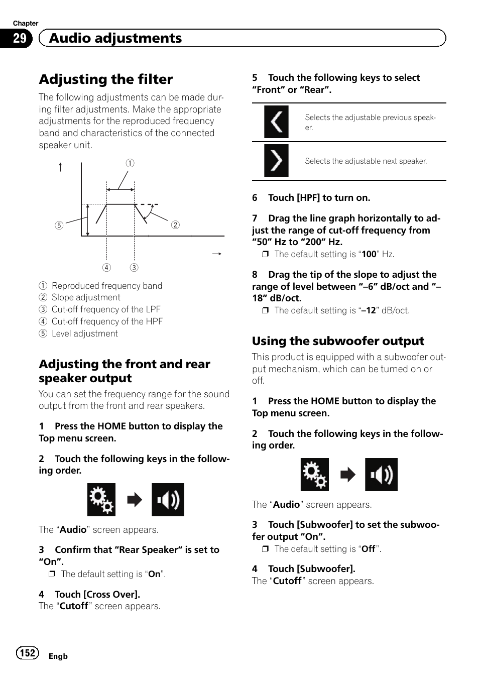 Adjusting the filter, Adjusting the front and rear speaker, Output | Using the subwoofer output 152, 29 audio adjustments, Adjusting the front and rear speaker output, Using the subwoofer output | Pioneer AVIC-F860BT User Manual | Page 152 / 216
