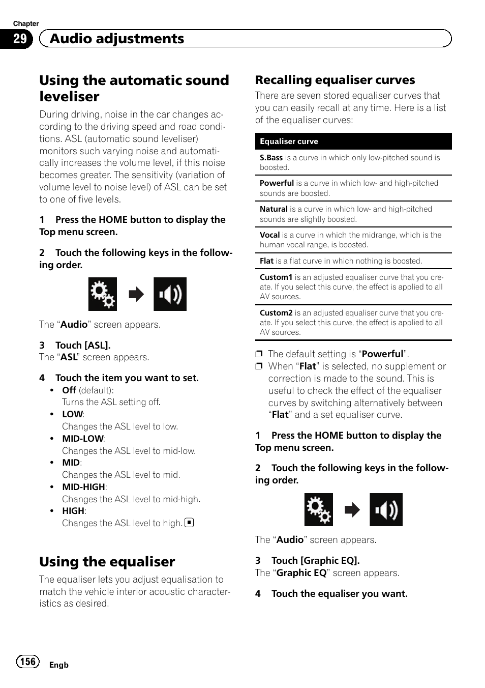 Using the automatic sound leveliser, Using the equaliser, Recalling equaliser curves 156 | 29 audio adjustments, Recalling equaliser curves | Pioneer AVIC-F860BT User Manual | Page 156 / 216