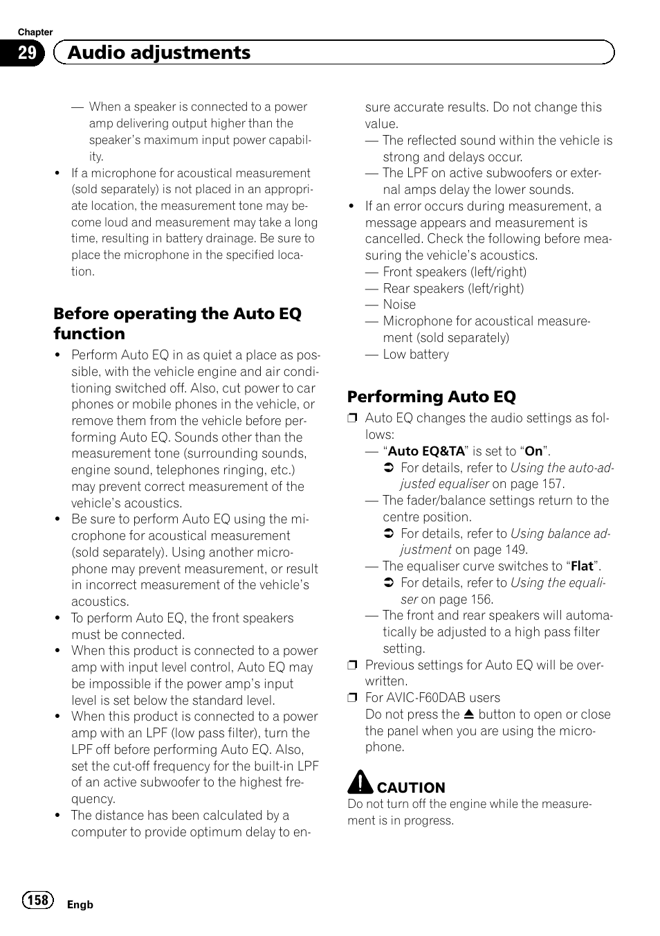 Before operating the auto eq, Function, Performing auto eq 158 | 29 audio adjustments, Before operating the auto eq function, Performing auto eq | Pioneer AVIC-F860BT User Manual | Page 158 / 216